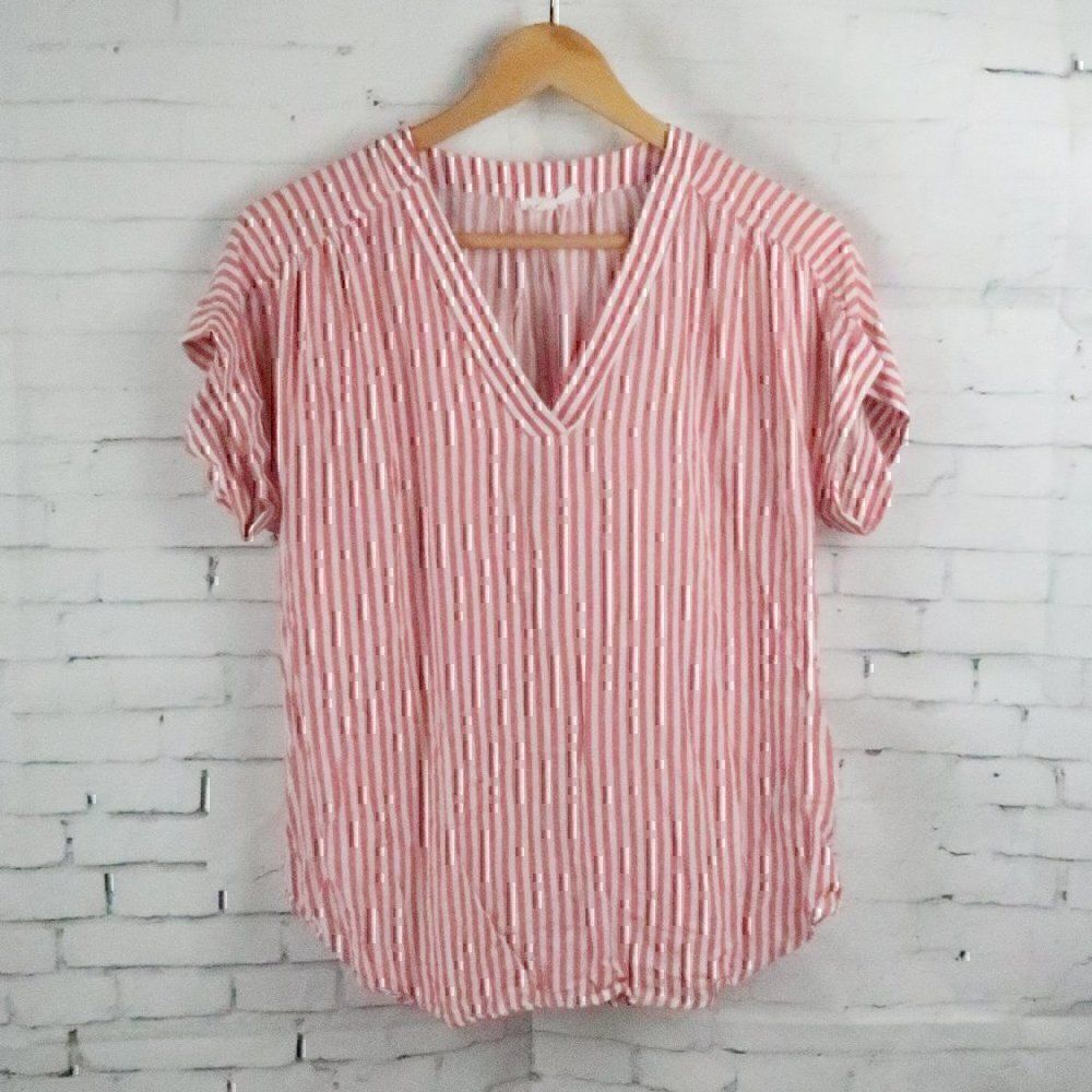 GAP ROSE PINK & WHITE STRIPE SHORT SLEEVE V NECK TOP SIZE SMALL